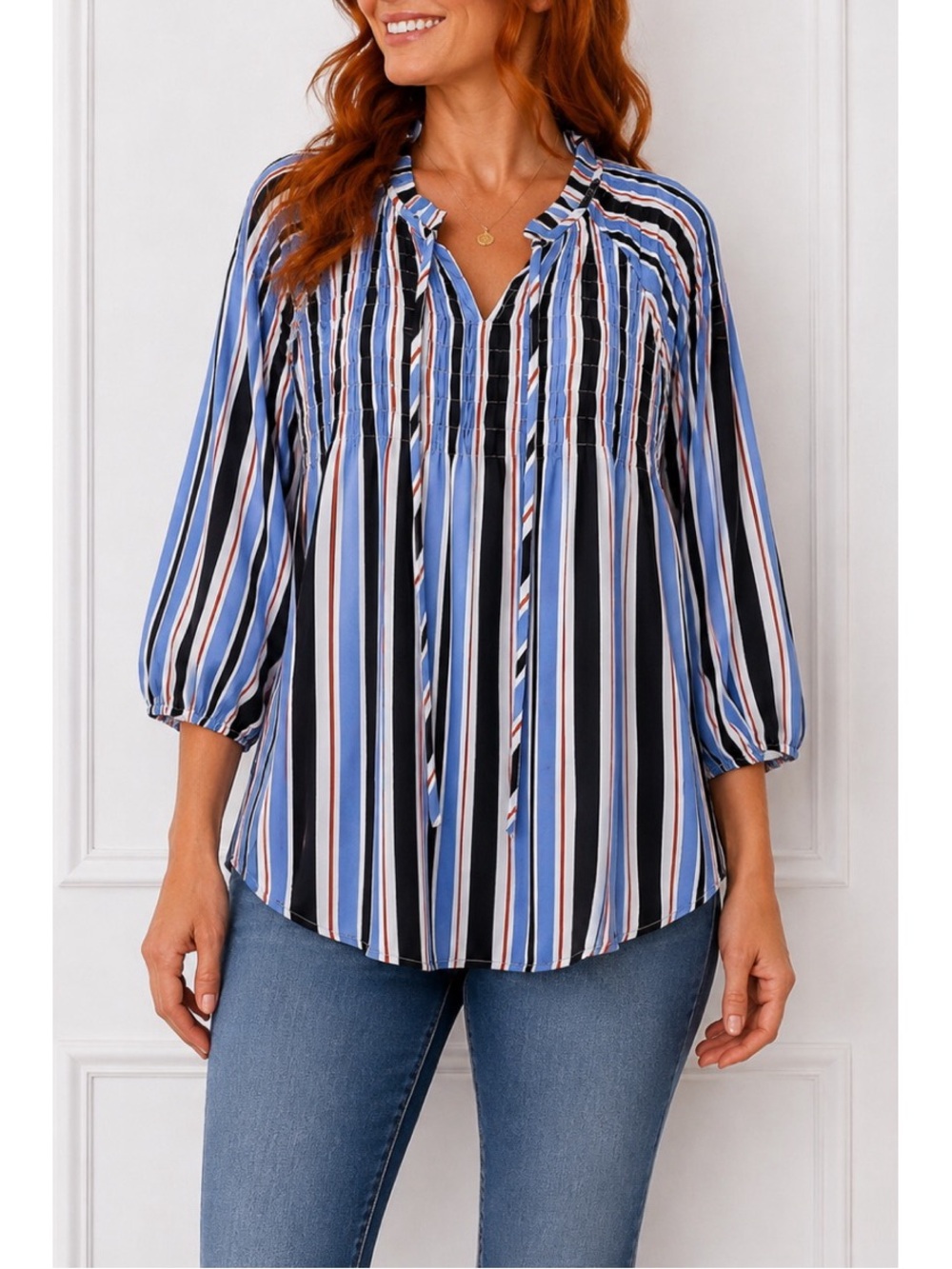 a.n.a. (A New Approach) blue, white, and orange striped peasant blouse